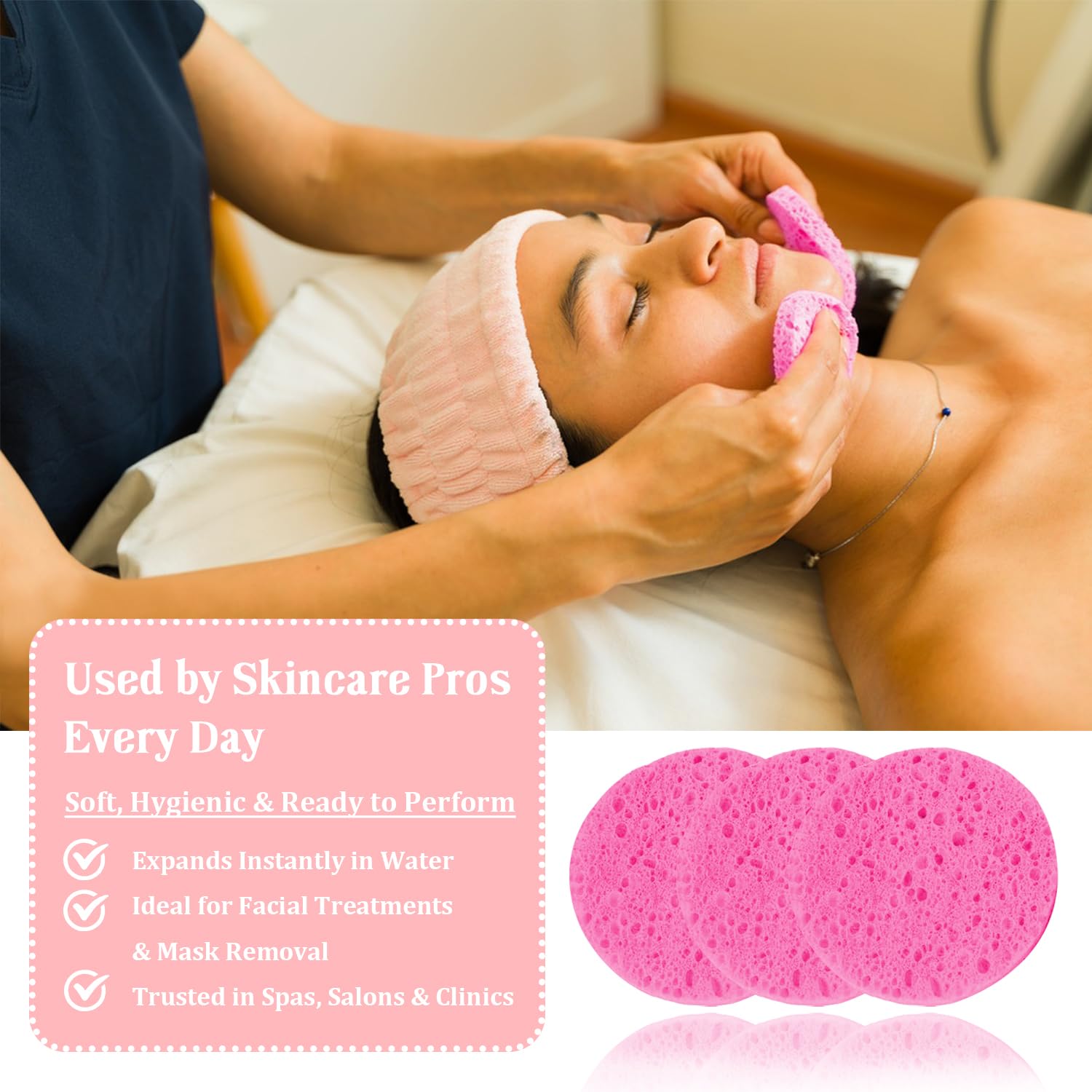 Spunspon pink round sponge being used with cleanser for a thorough cleanse.