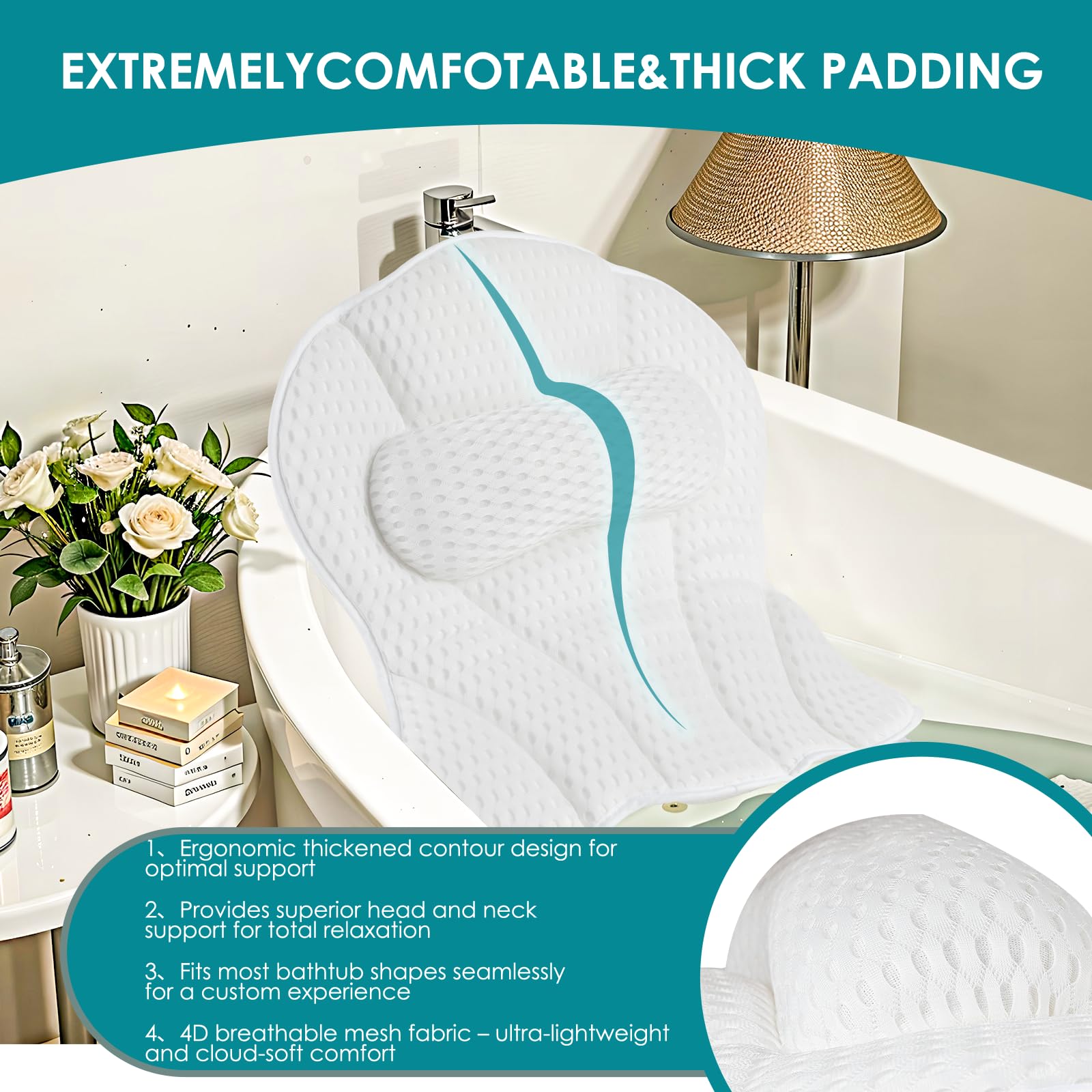 SQLHM bath pillow back support helps you recline with ease.
