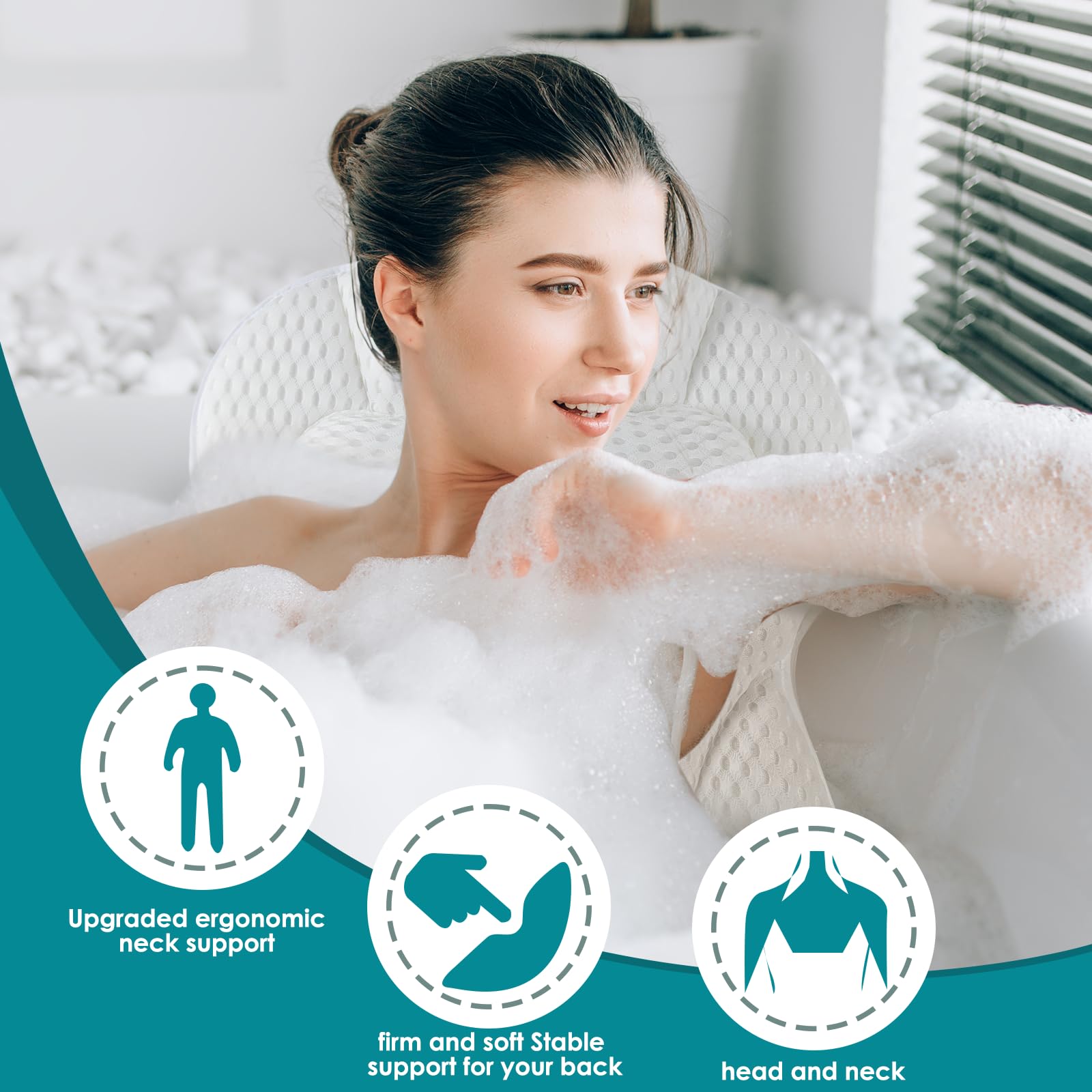 SQLHM bath pillow neck-shoulder contour eases pressure for a calmer bath.