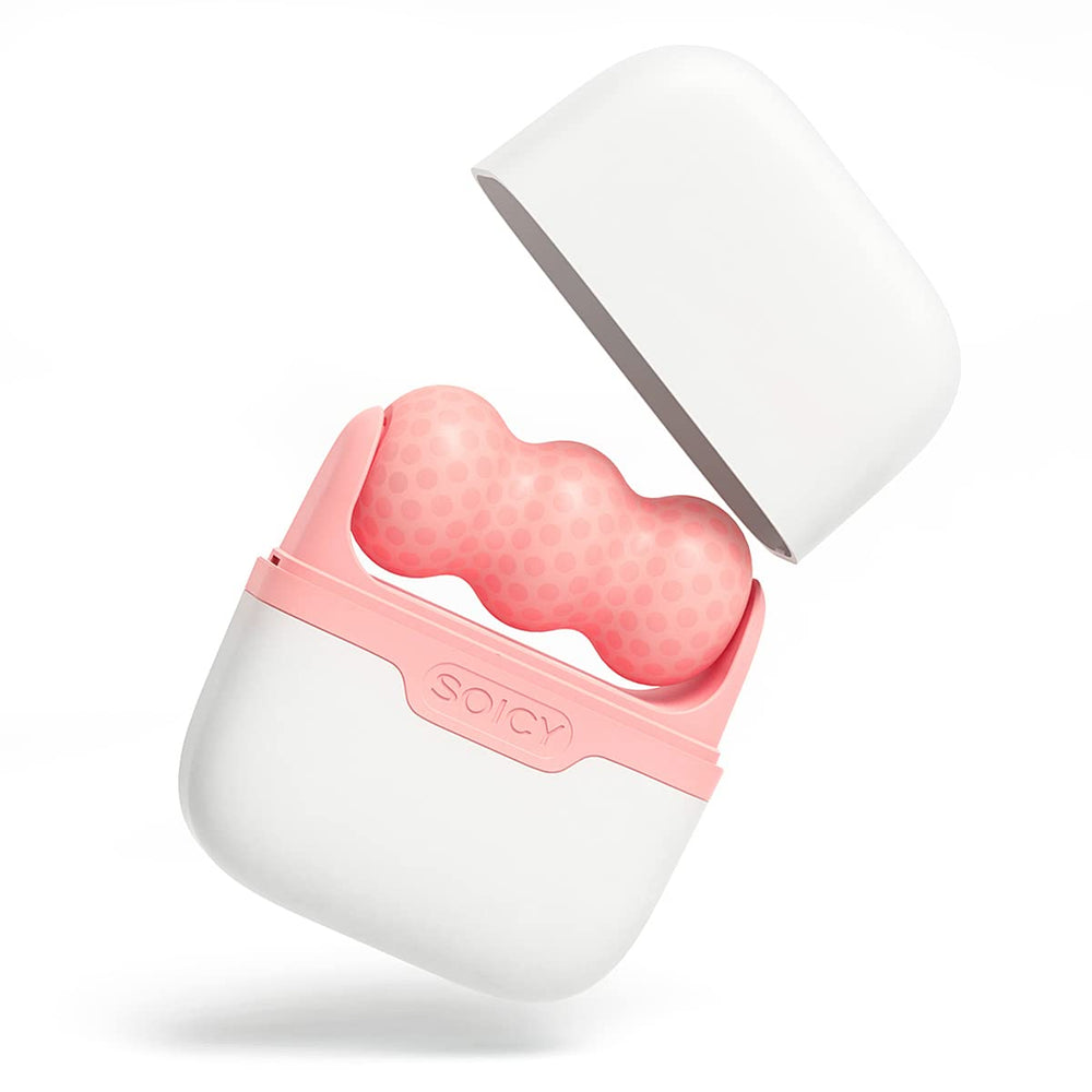 SRAVON Ice Roller Double Ended in-use on the face for puffiness relief.