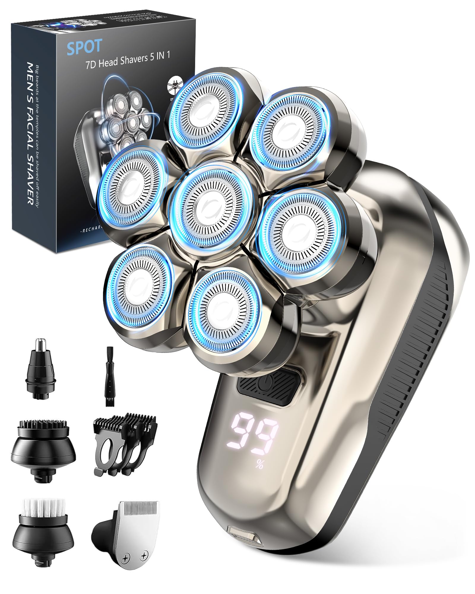 SROT head shaver with 7D magnetic heads contouring scalp and face for a close shave