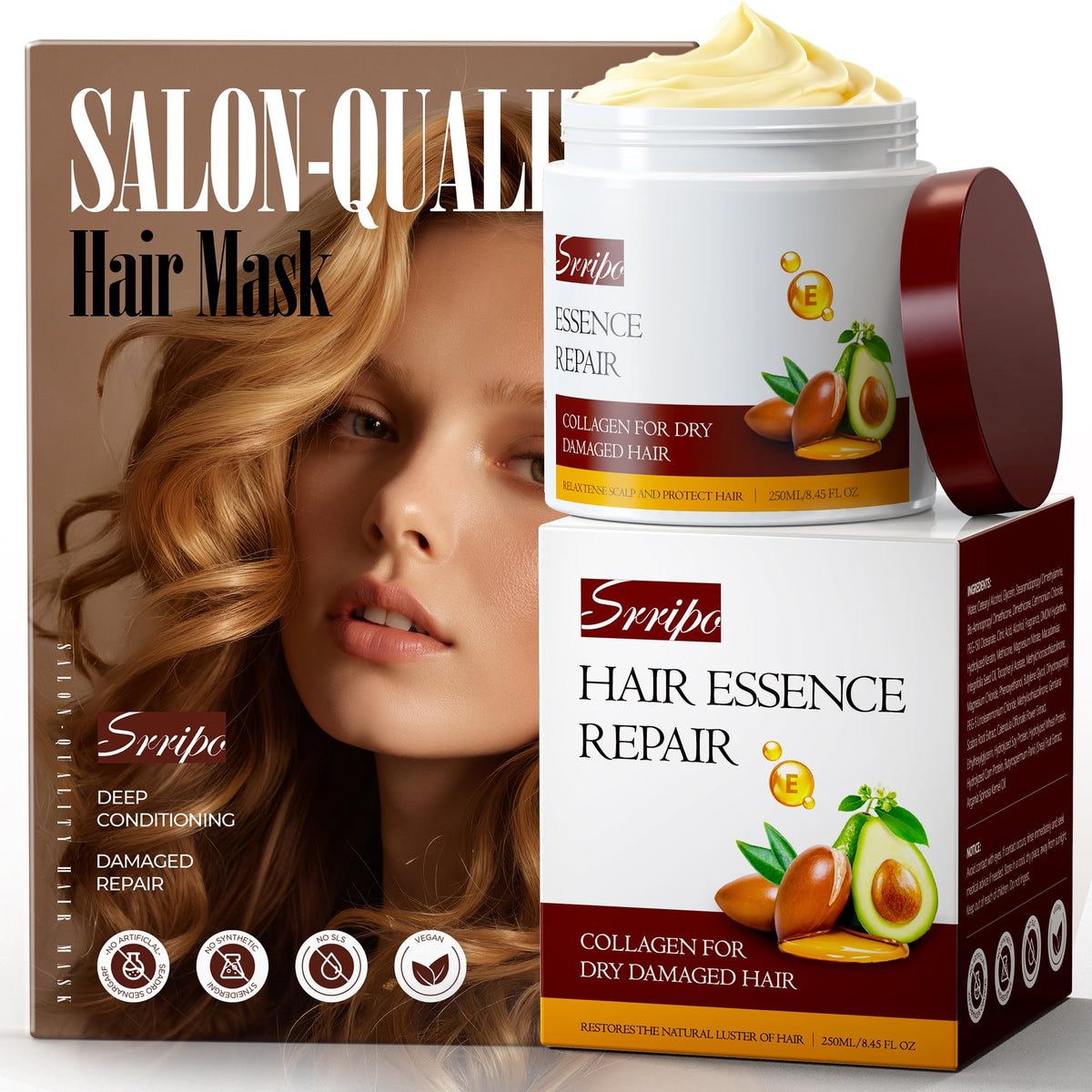 Srripo mascarilla capilar de colágeno reparadora para cabello seco y dañado, con brillo.