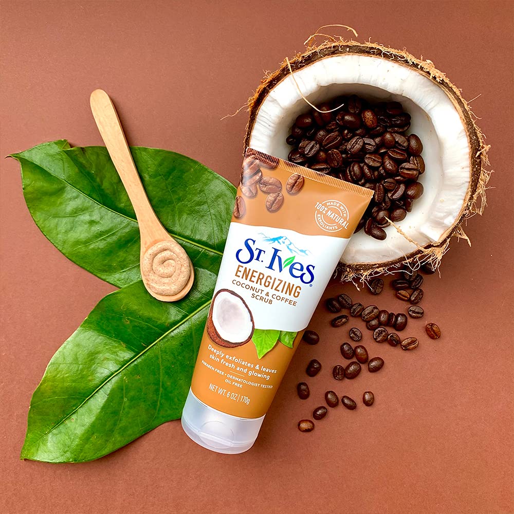 St. Ives Coconut & Coffee Energizing Scrub back view shows paraben-free, oil-free formula.