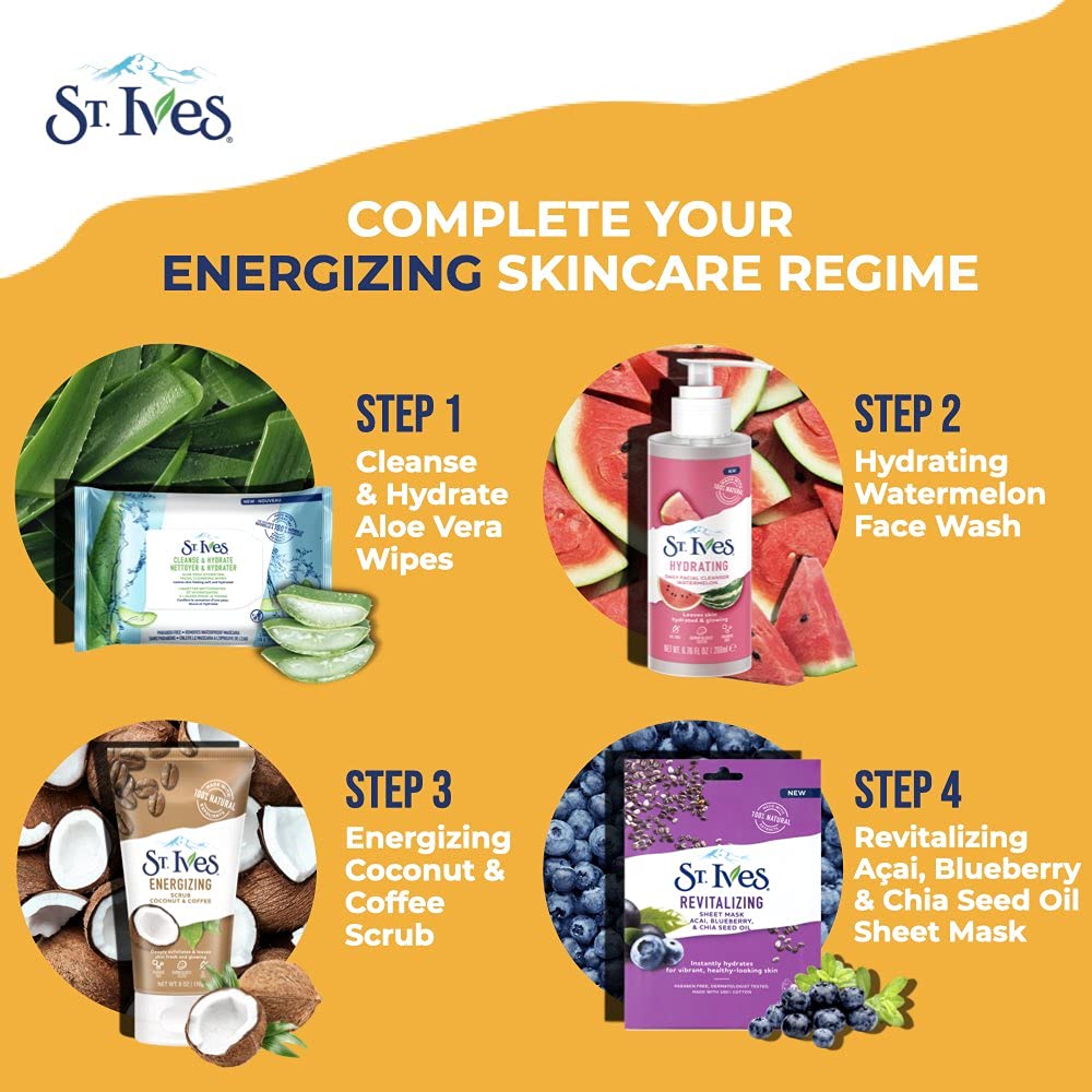St. Ives Coconut & Coffee Energizing Scrub lather on hand for quick cleanse.