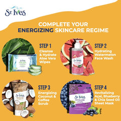 St. Ives Coconut & Coffee Energizing Scrub lather on hand for quick cleanse.