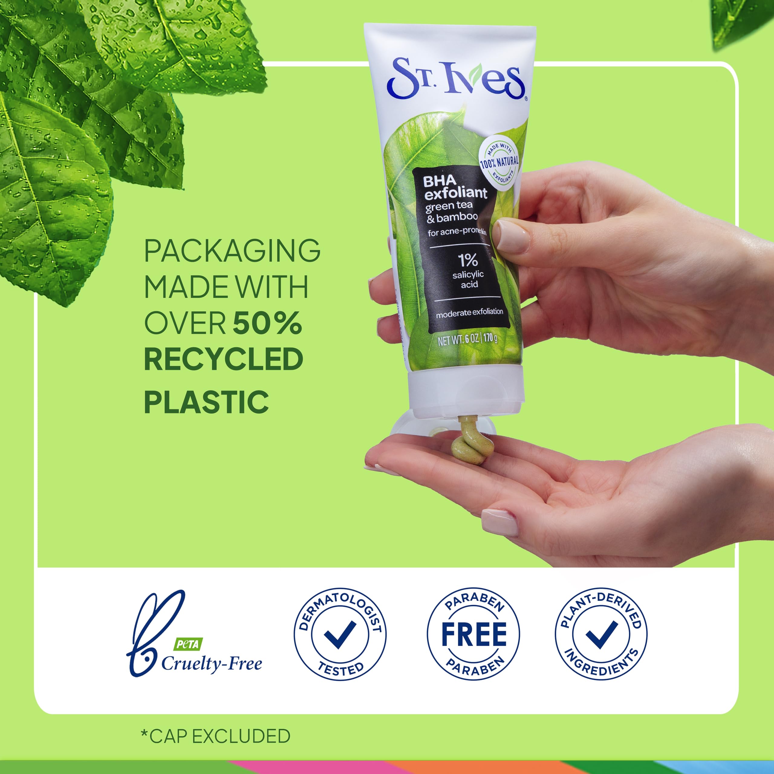 Dermatologist-tested badge on St. Ives scrub packaging