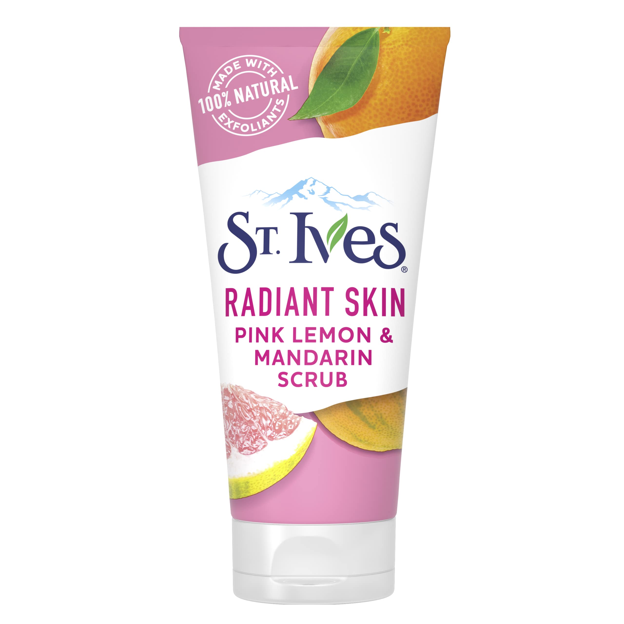 St. Ives Exfoliante Rosa Limón Naranja, botella en primer plano para piel radiante.