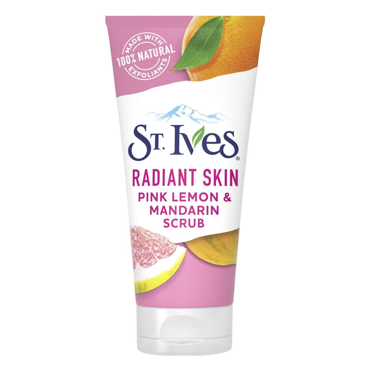 St. Ives Exfoliante Rosa Limón Naranja, botella en primer plano para piel radiante.