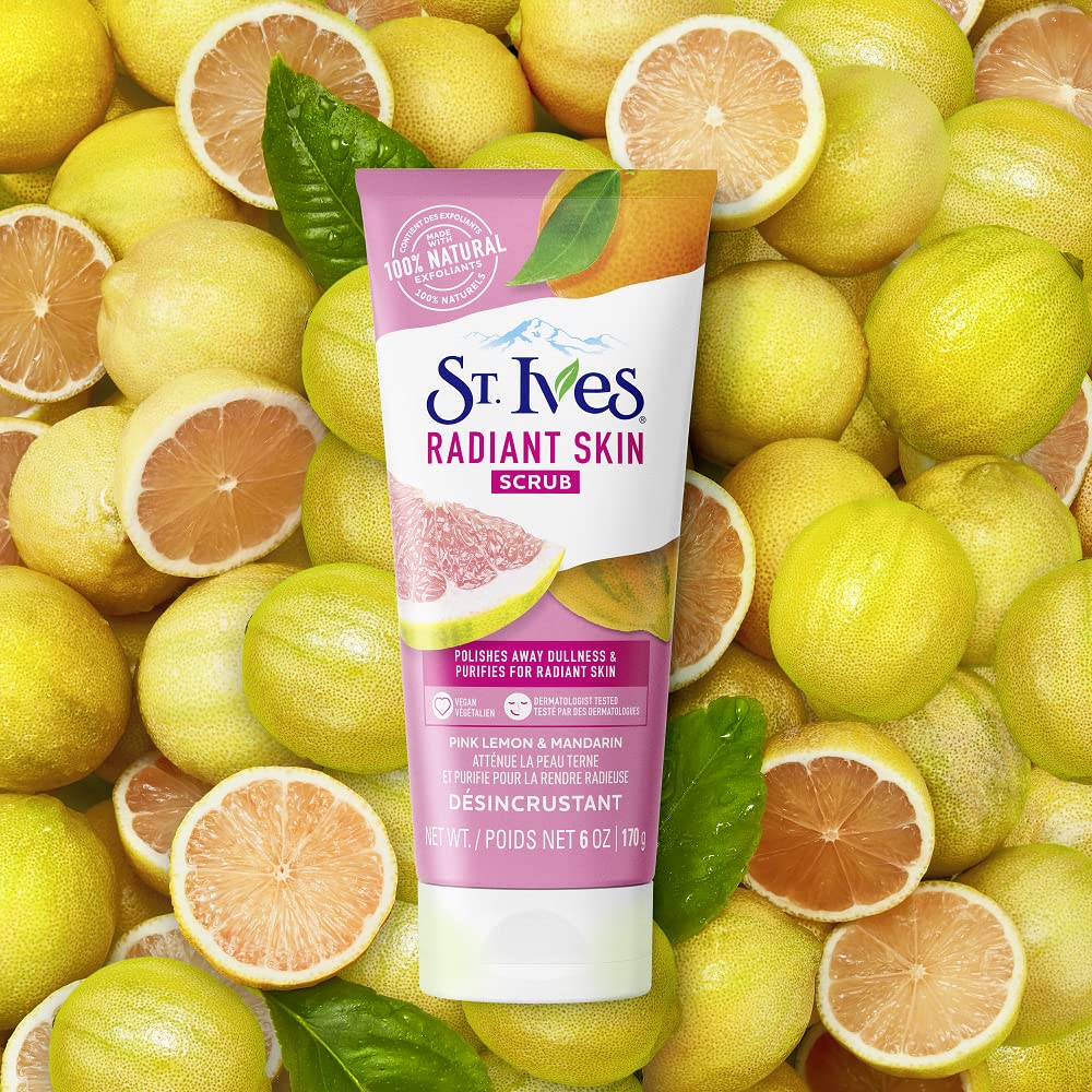 St. Ives Exfoliante Rosa Limón Naranja, primer plano de cítricos y aroma refrescante.