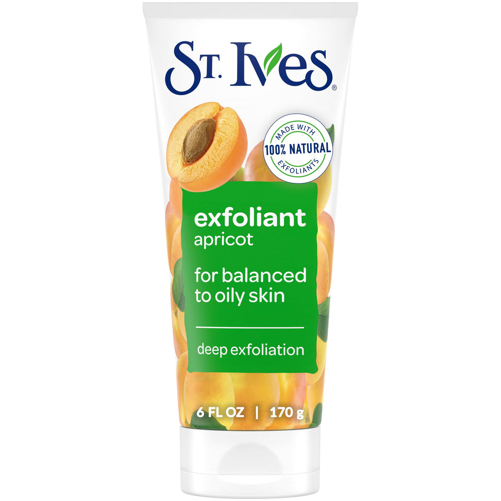 St. Ives Fresh Skin Apricot Scrub jar close-up showing natural exfoliants for radiant skin