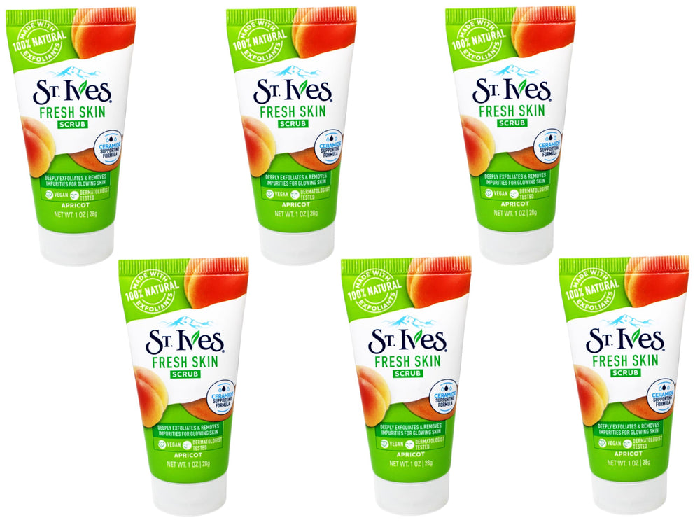St. Ives Fresh Skin Scrub con albaricoque, envase 1 oz para exfoliar suavemente.