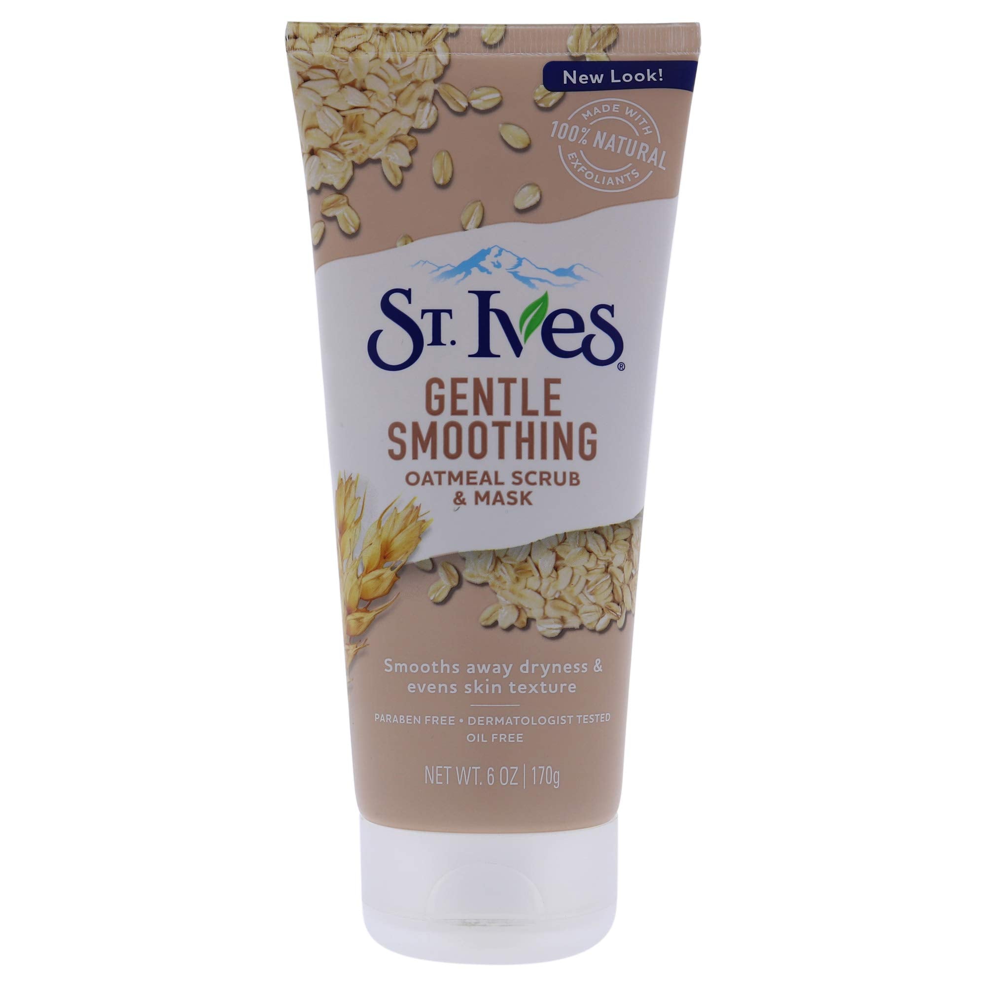 St. Ives Gentle Smoothing Oatmeal Scrub jar demonstrating gentle exfoliation for smoother skin.