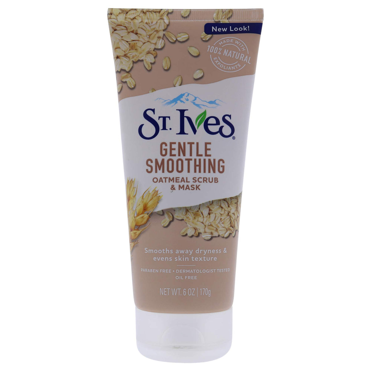St. Ives Gentle Smoothing Oatmeal Scrub jar demonstrating gentle exfoliation for smoother skin.