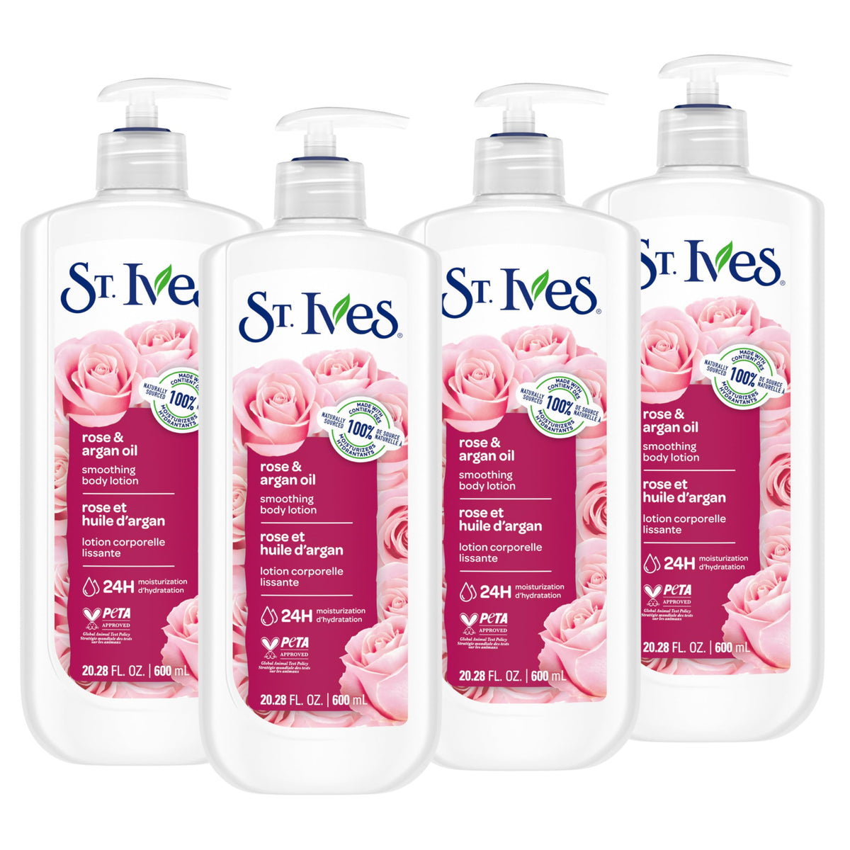 Loción corporal St. Ives con rosa y argán en bomba para hidratación diaria