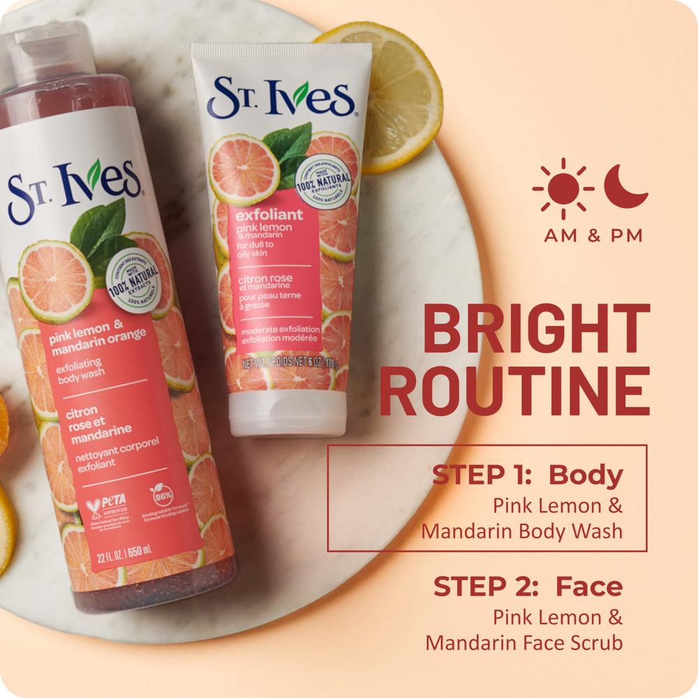 Bright bathroom scene pairs with a St. Ives citrus morning routine.