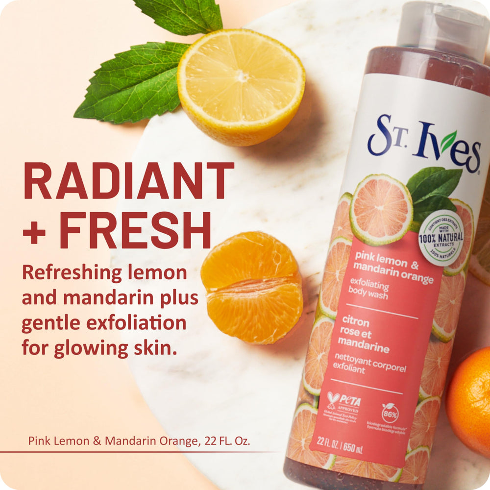 St. Ives Pink Lemon & Mandarin Body Wash foam-lather close-up in hand.