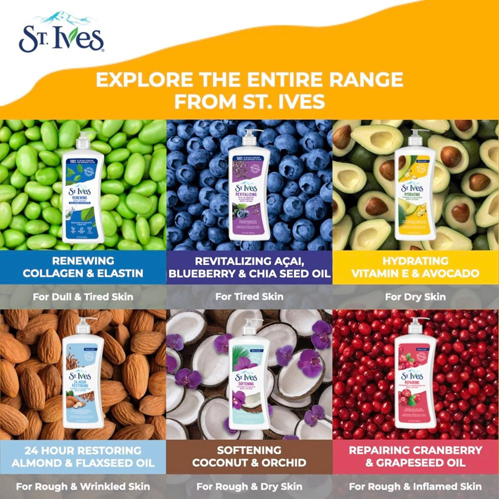 St. Ives Renewing Collagen & Elastin lotion packaging showcases cruelty-free, dermatologist-tested care.