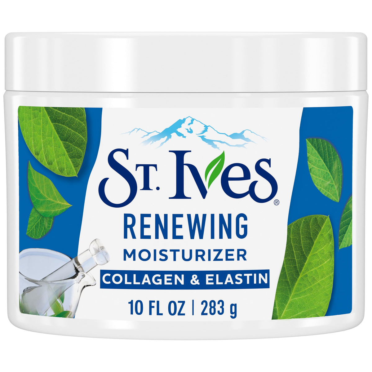 St. Ives Renewing Collagen Elastin cream bottle showcases hydrating formula for dry skin.