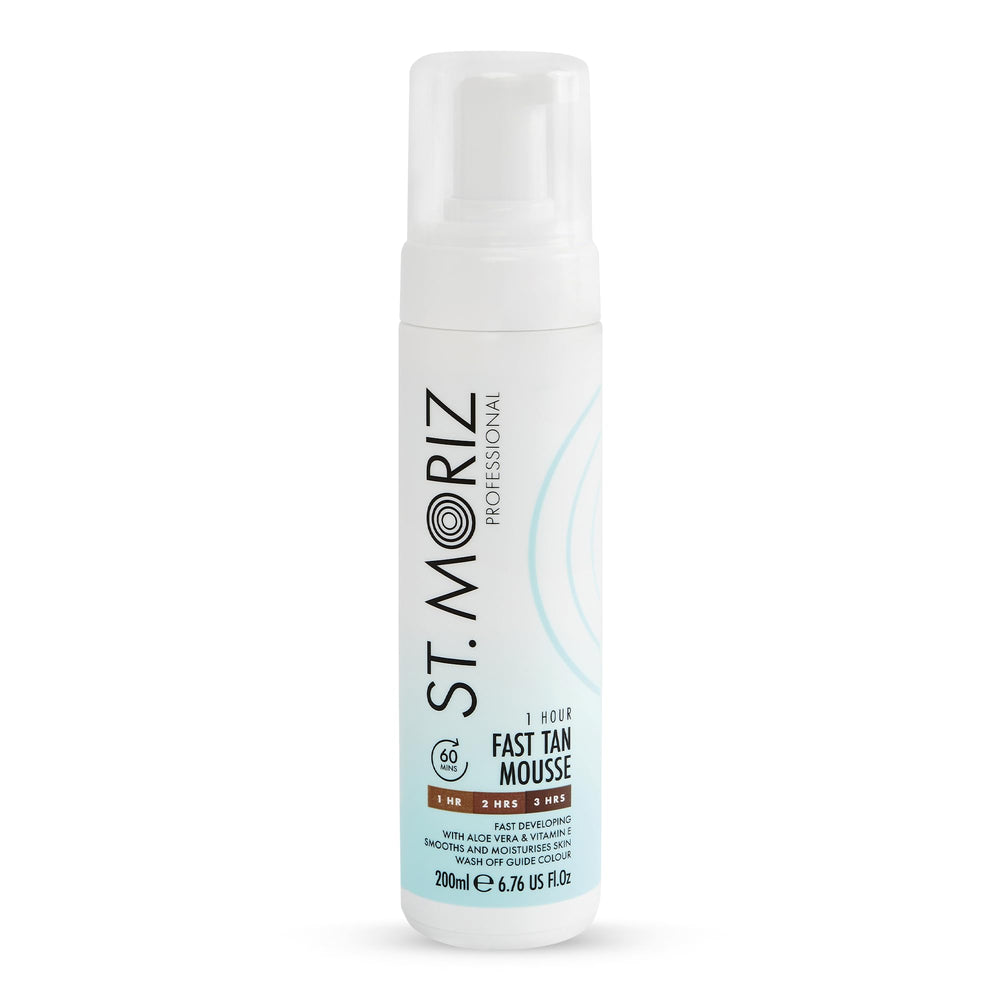 ST. MORIZ Pro 1 Hour Fast Tanner mousse bottle for an easy, natural glow.