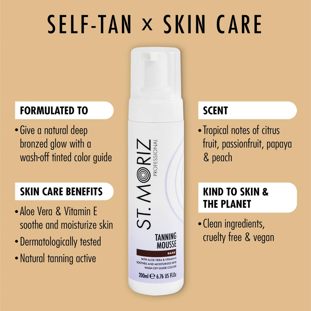 ST. MORIZ Professional Dark Self Tanner Mousse nozzle close-up for controlled, mess-free dispensing every time.