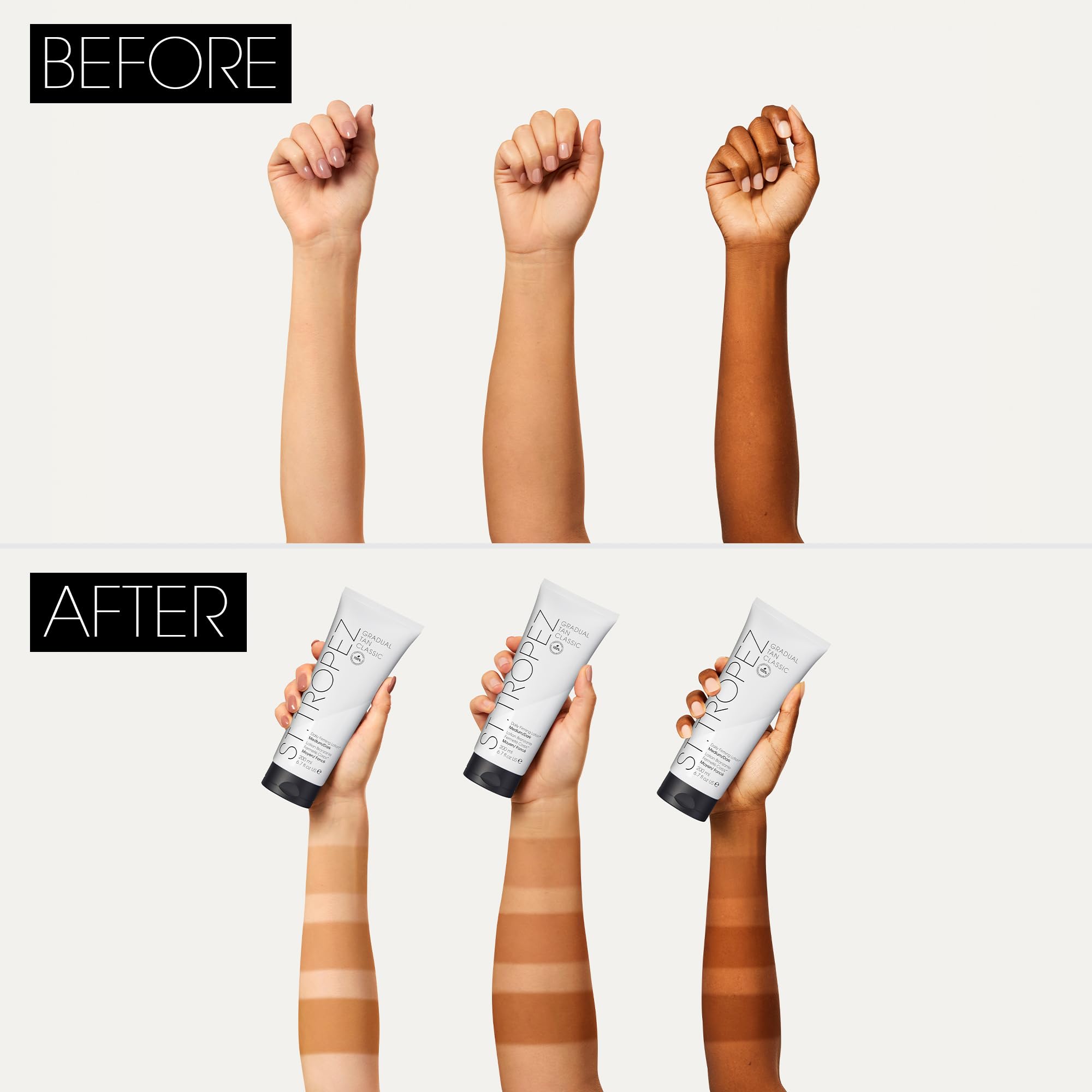 St. Tropez Gradual Tan Firming Lotion texture swatch highlights quick absorption.
