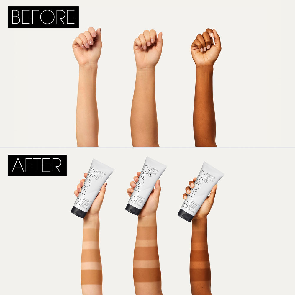 St. Tropez Gradual Tan Firming Lotion texture swatch highlights quick absorption.