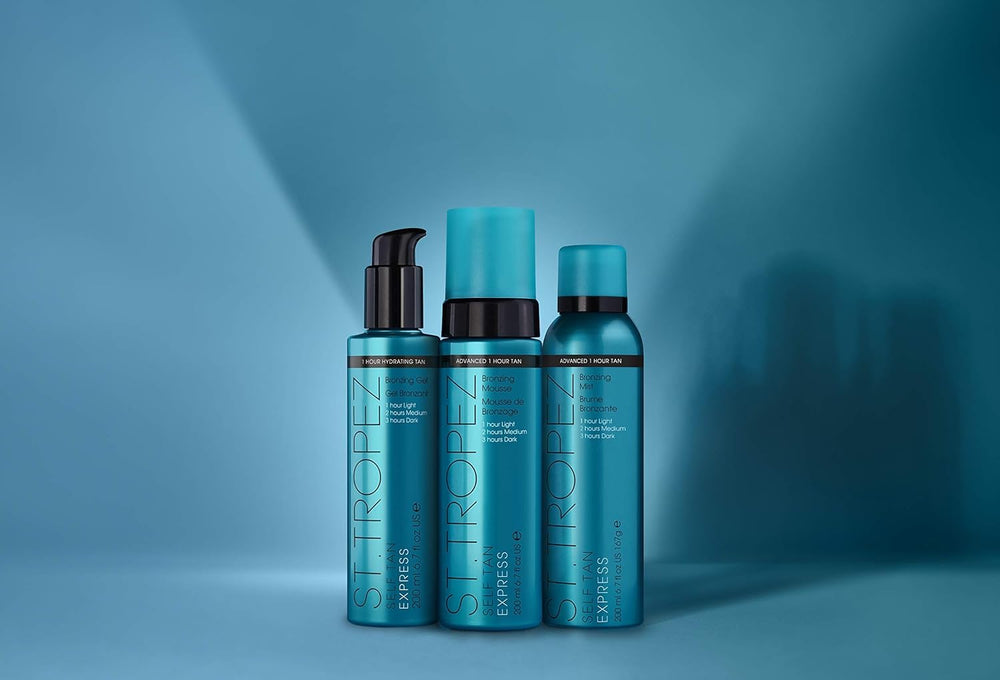 St.Tropez Self Tan Express Mist shade guide indicating rinse-off timing for natural color.