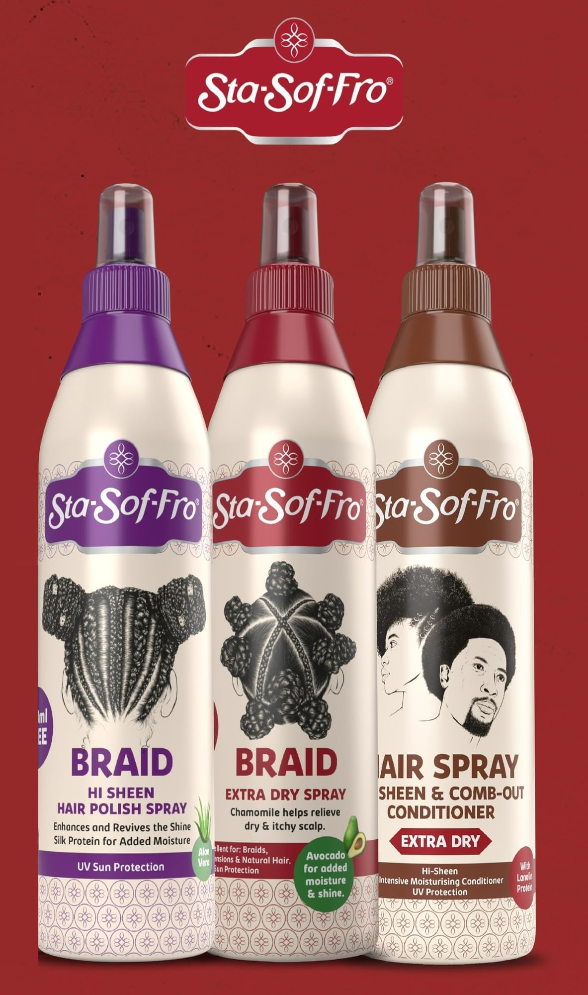 Sta-Sof-Fro packaging with brown bottle showcases curl-friendly hair care.