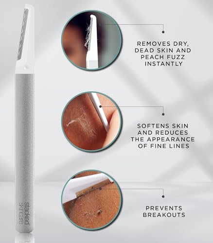 StackedSkincare dermaplaning tool gliding on dry skin to reveal smoother texture.