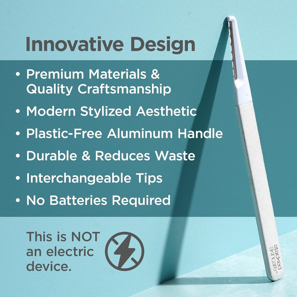 StackedSkincare dermaplaning tool at a 45° angle for precise, comfortable exfoliation.