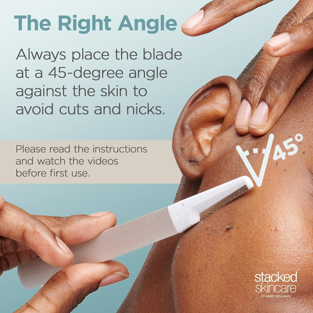 StackedSkincare dermaplaning tool used on the cheek area for gentle surface exfoliation.