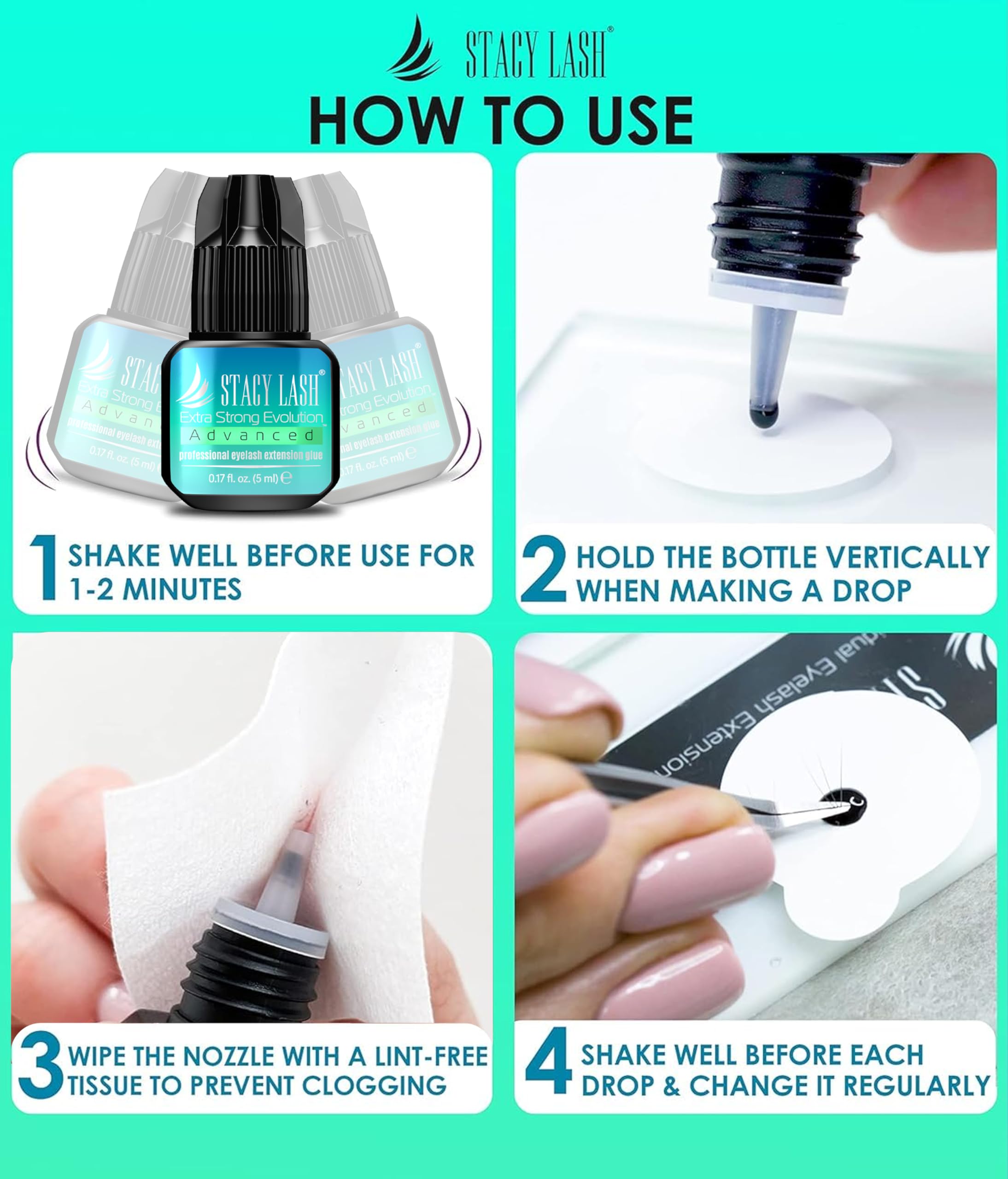 Stacy L ash black adhesive for bold lash extensions with high contrast look.