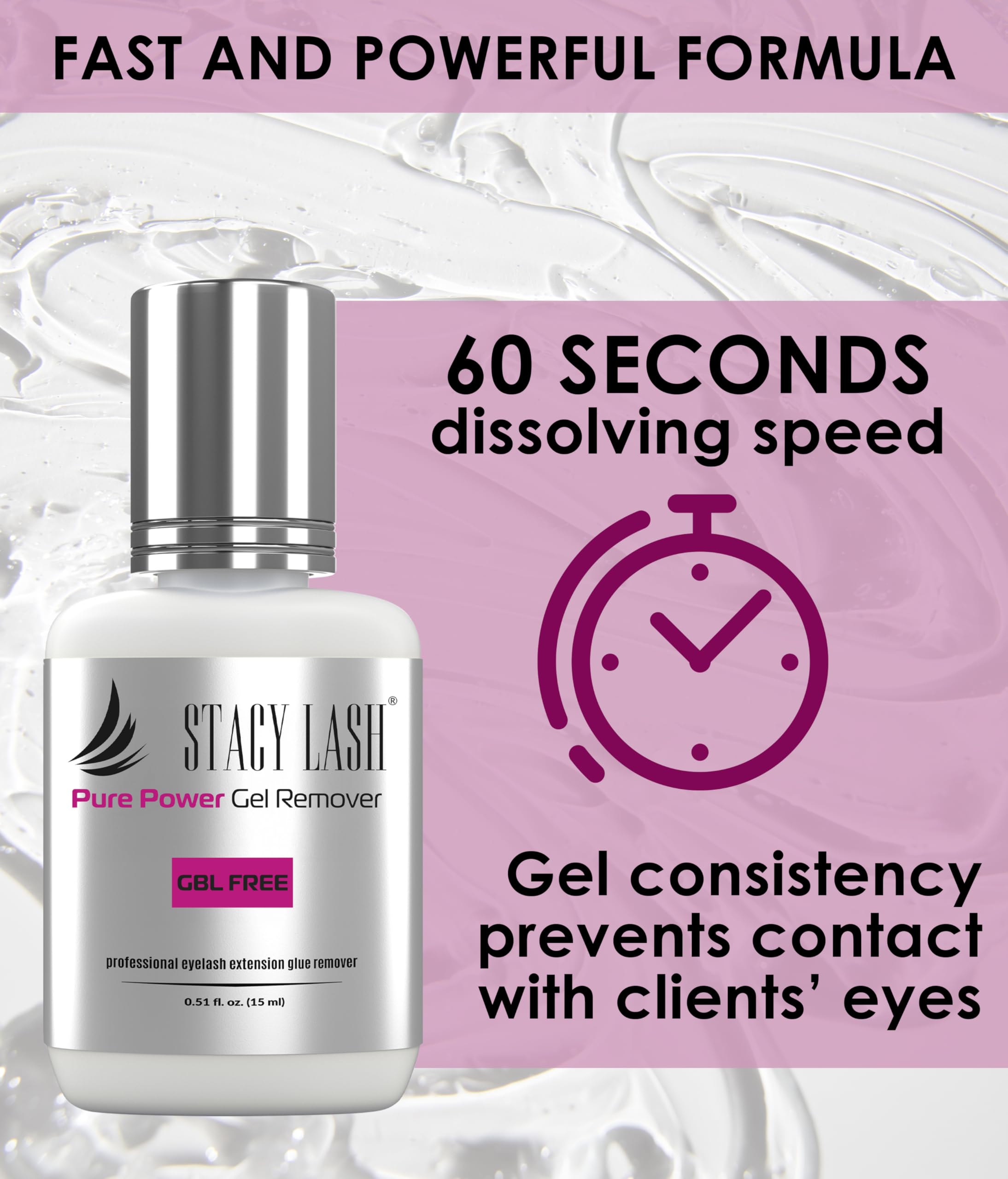 STACY LASH clear odorless formula highlighting fragrance-free remover benefits