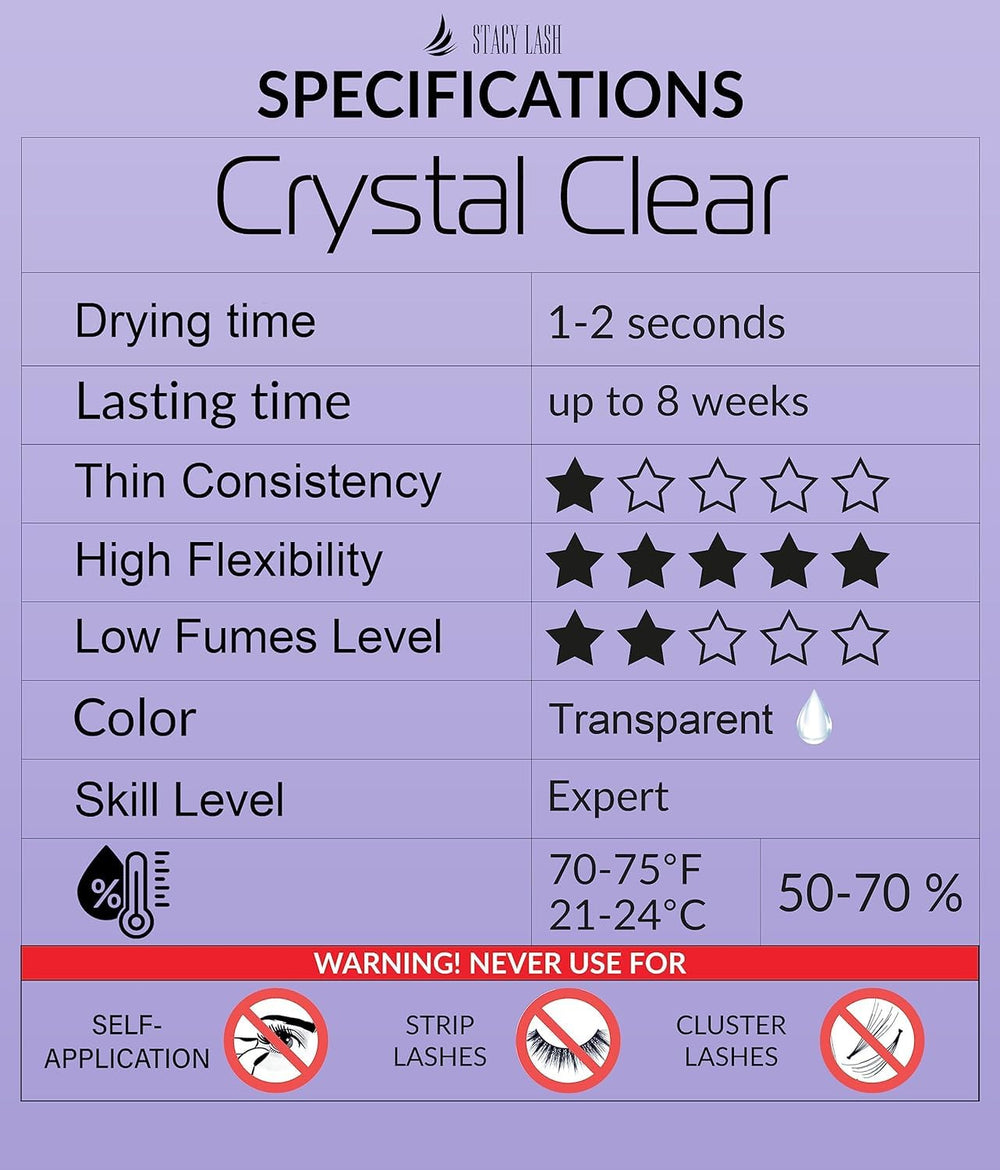 STACY LASH Crystal Clear glue fast-drying action supports efficient salon lash procedures.