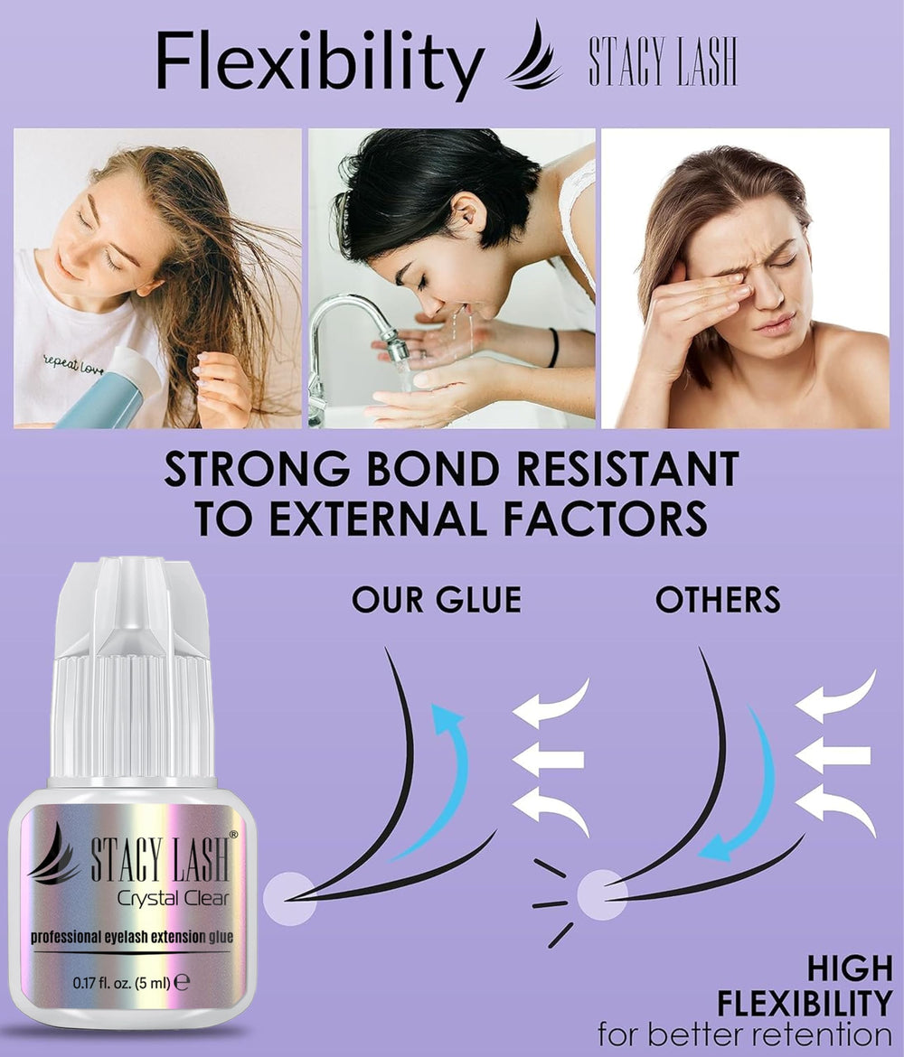 STACY LASH Crystal Clear glue latex-free formula reduces potential reactions during lash services.