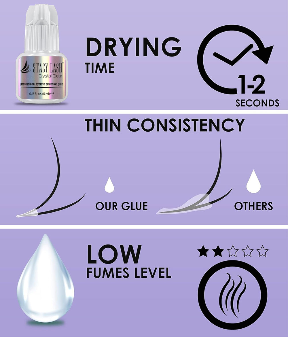 STACY LASH Crystal Clear glue features low fumes for comfortable lash applications.