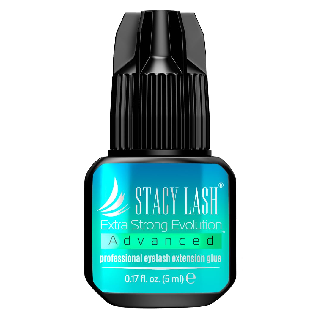 Stacy L ash extra strong evolution glue bottle close-up showing fast bond for salon extensions.