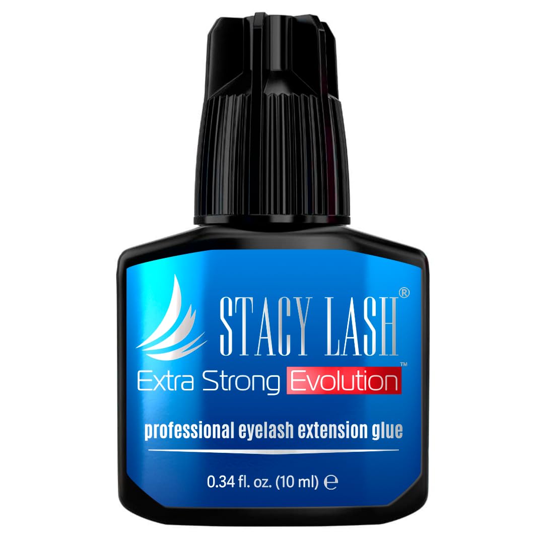 STACY LASH Extra Strong Evolution glue bottle ready for salon use, fast-drying.