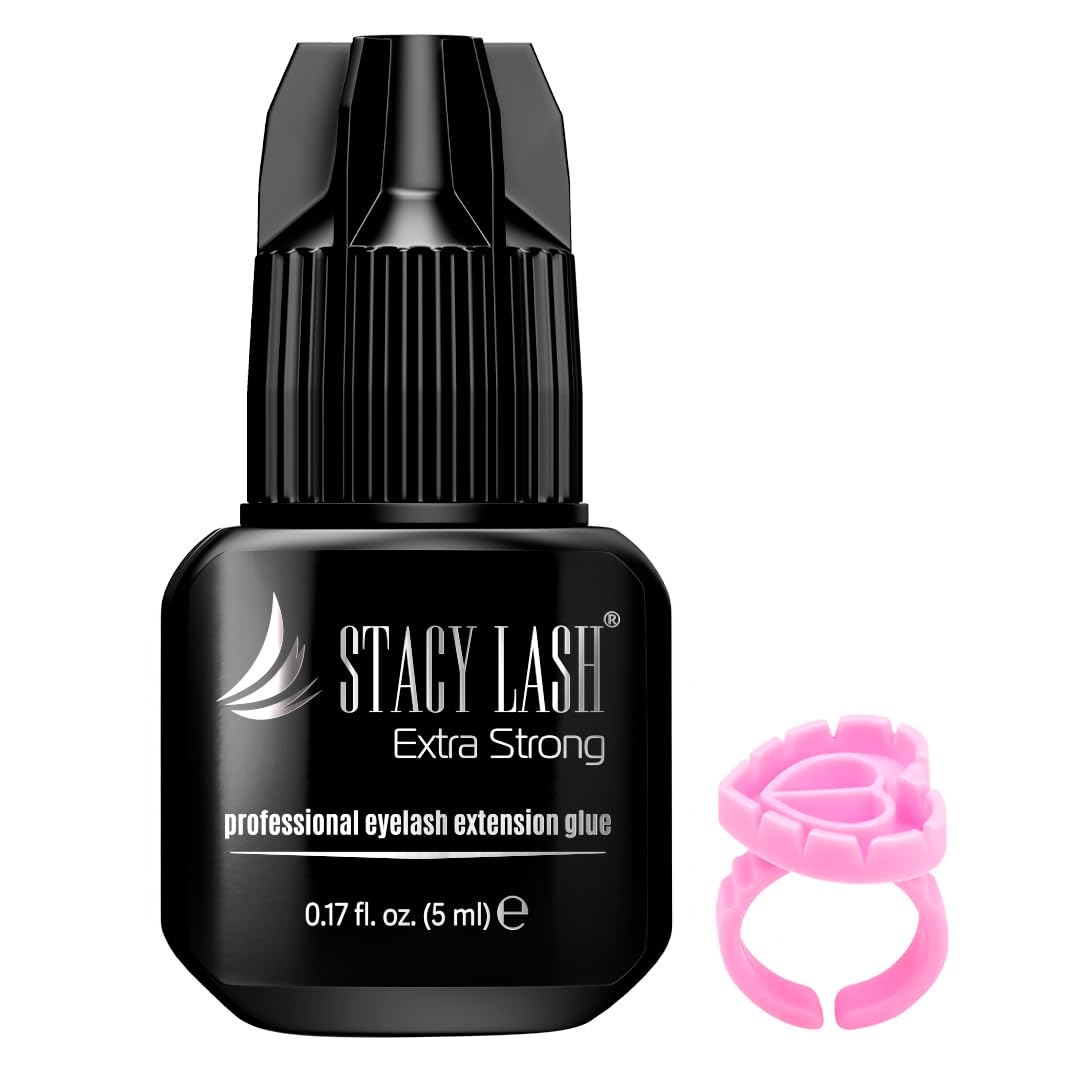 STACY LASH Extra Strong glue bottle close-up shows fast-bond potential for professionals.