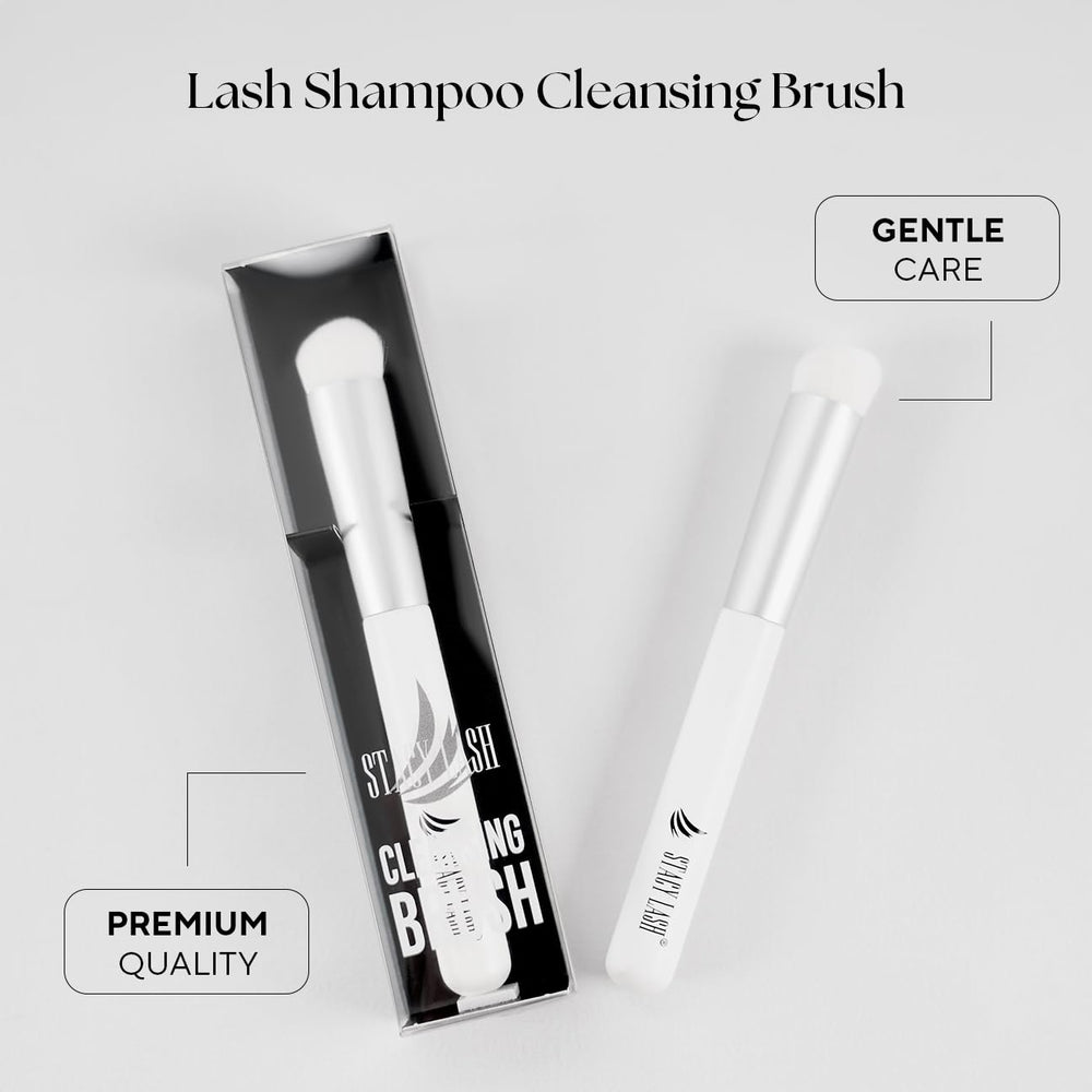 STACY LASH eyelash cleansing brush in use during lash wash with extensions.