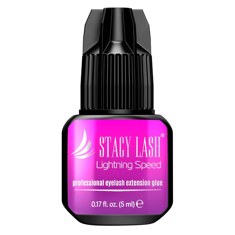 STACY LASH Lightning Speed glue bottle close-up with ultra-fast dry time in focus