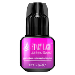 STACY LASH Lightning Speed glue bottle close-up with ultra-fast dry time in focus