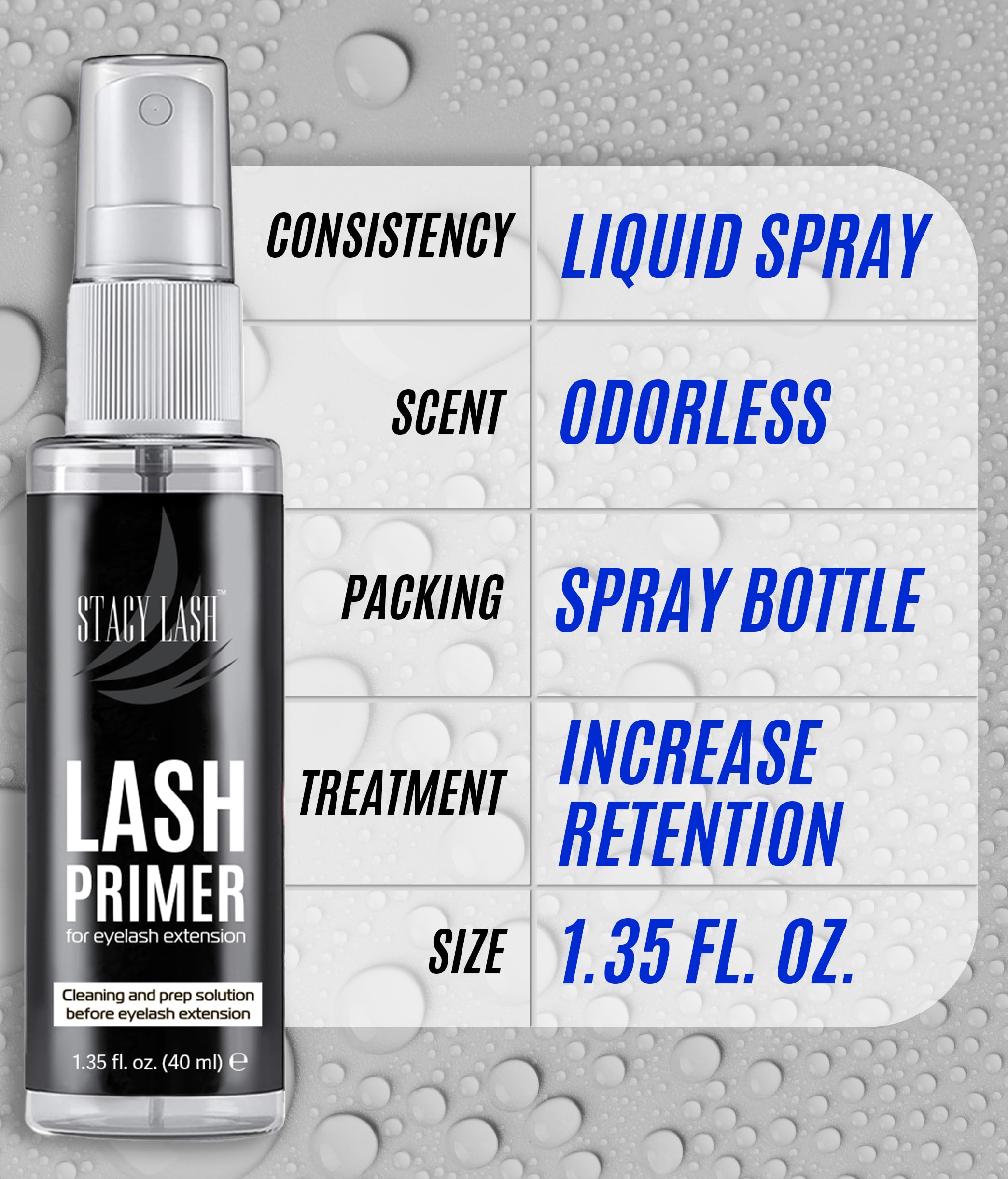STACY LASH 40ml bottle displayed beside compact packaging and spray top.