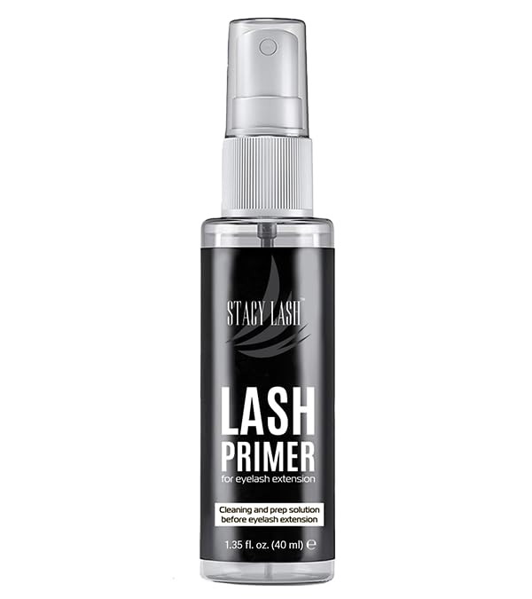 STACY LASH Eyelash Extension Primer bottle close-up highlighting oil-free prep for better adhesion.