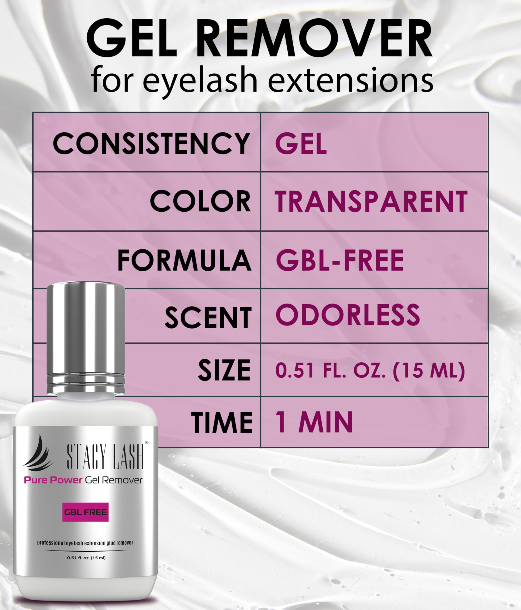STACY LASH salon-use label signaling professional-grade remover