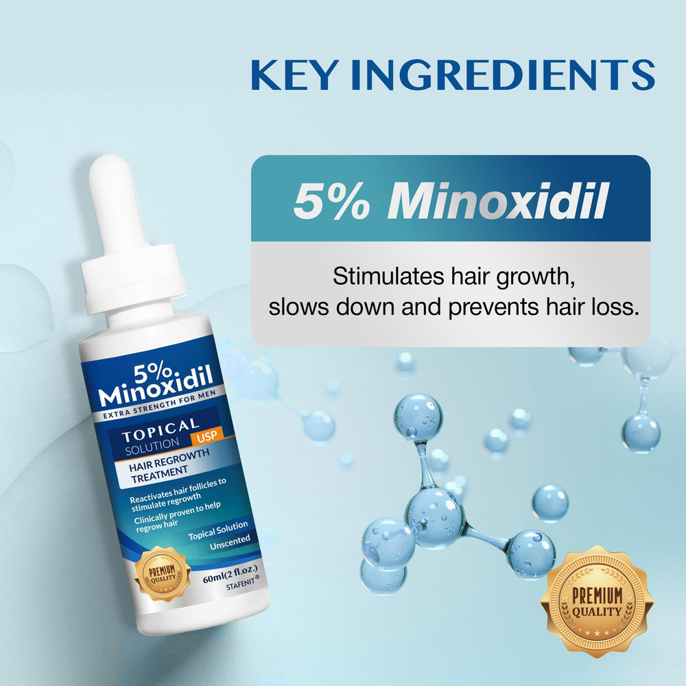 Stafenit 5% minoxidil serum dropper-dispense shows precise application for thinning areas.