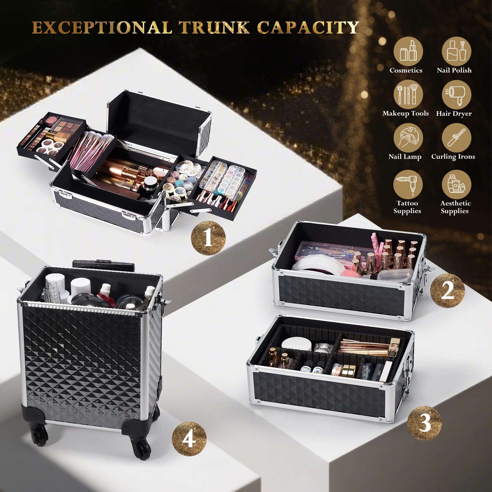 Stagiant 4-in-1 makeup train case with top pouch for quick access.