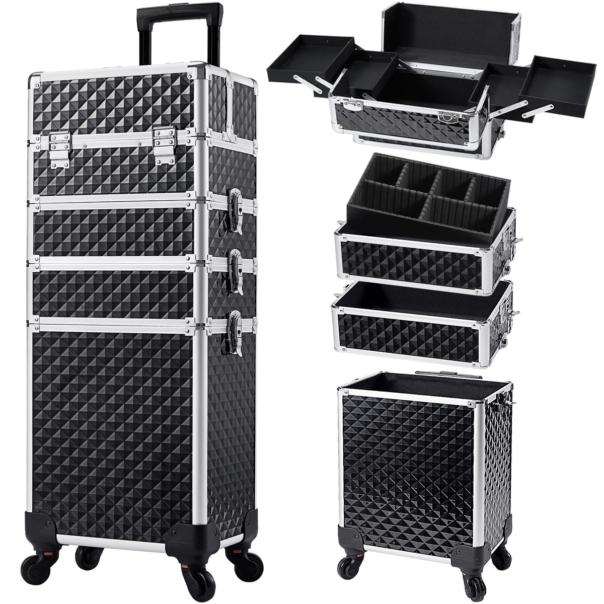 Stagiant rolling makeup case on wheels, ready for travel and easy transport.