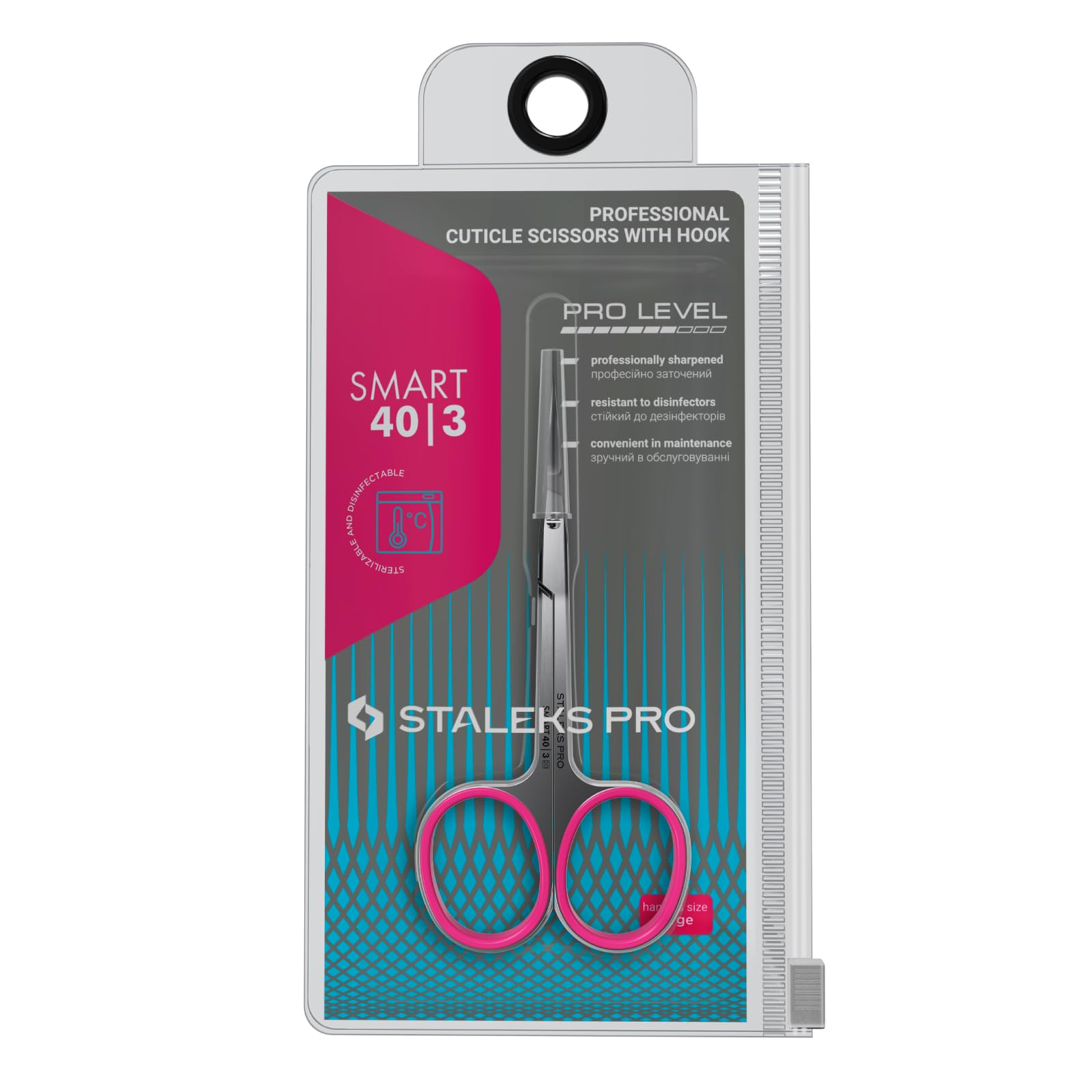 Staleks Pro cuticle scissors ergonomic handle for comfortable long use.