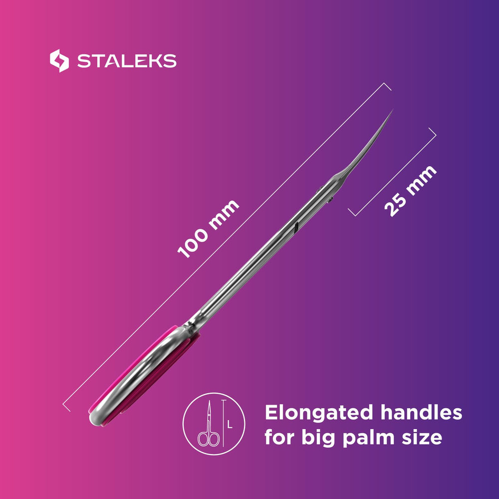 Staleks Pro cuticle scissors in use for precise manicuring.